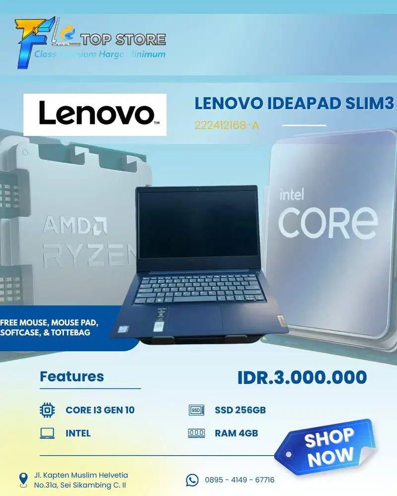 LENOVO IDEAPAD SLIM 3 INTEL CORE I3-GEN 10 SSD 256/4GB