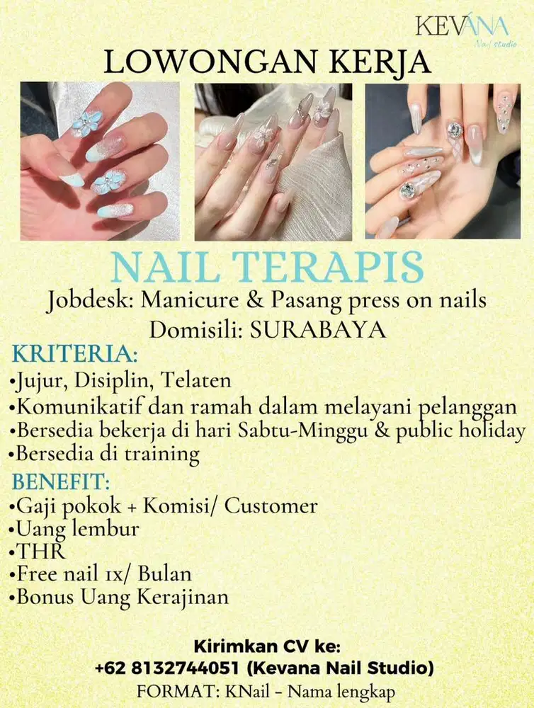 Lowongan pekerjaan Nail terapis, pasang kuku palsu, salon kuku surabay