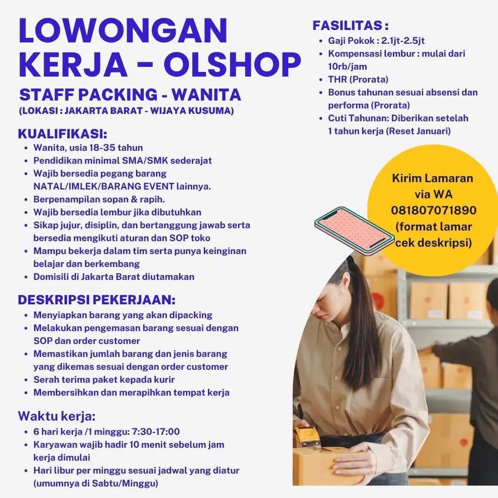Dicari Karyawan Wanita Untuk Toko Online Shop - Staff Packing