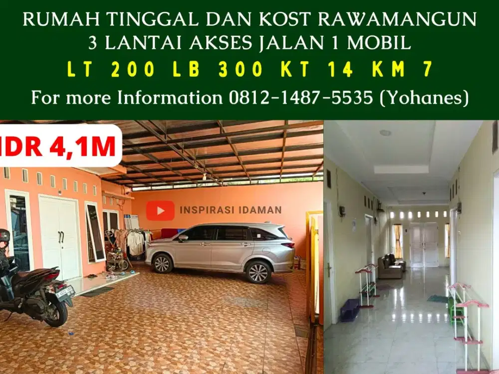 Rumah Tinggal dan Kost Rawamangun 3 Lantai Akses jalan 1 Mobil