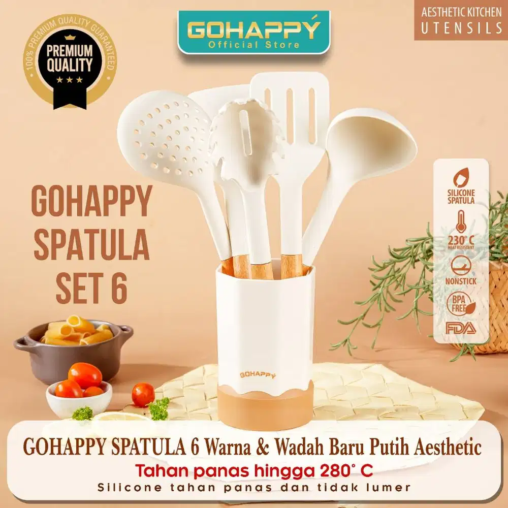 GOHAPPY Spatula Set 6 PCS Silicone Premium Putih Estetik+Wadah Cantik