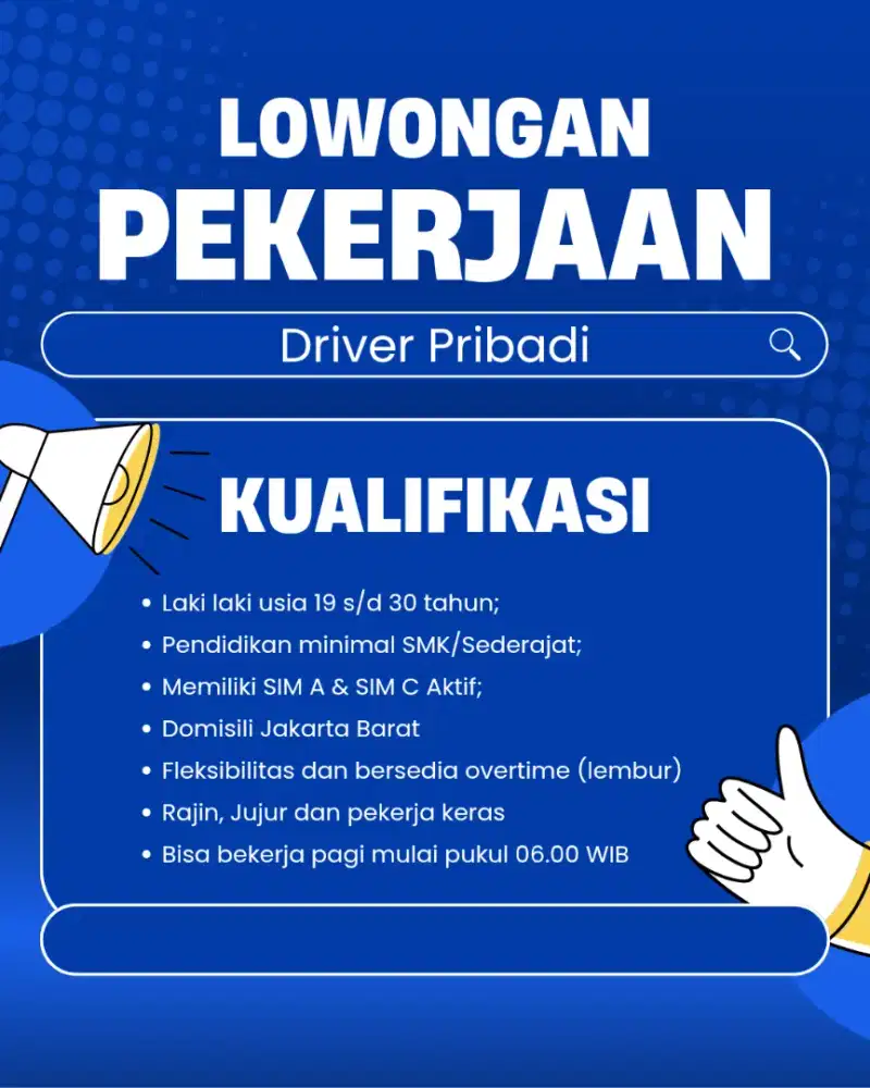 DIBUTUHKAN SEGERA! DRIVER PRIBADI