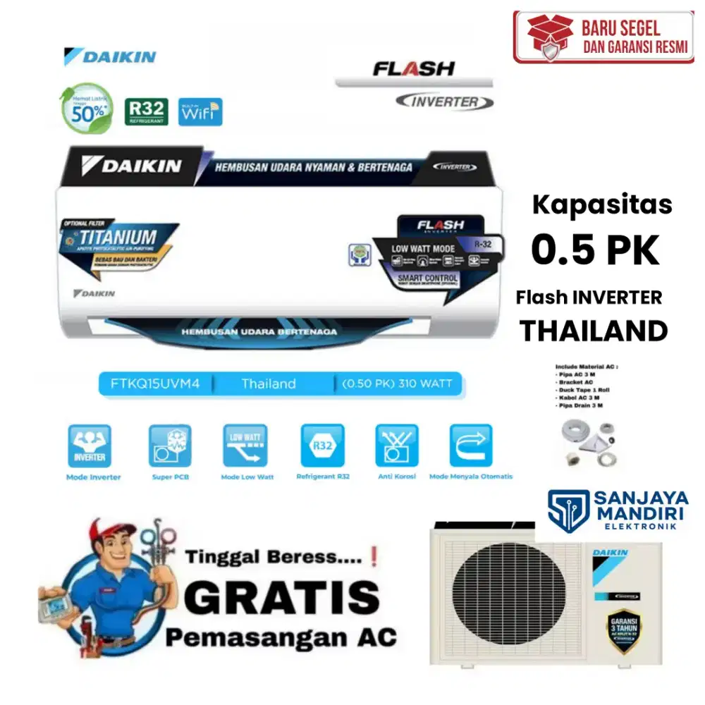 DAIKIN AC Split 0.5 PK Flash INVERTER THAILAND 1/2 PK - FTKQ15UVM4 R32