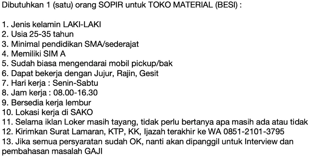 LOWONGAN PEKERJAAN SOPIR TOKO MATERIAL
