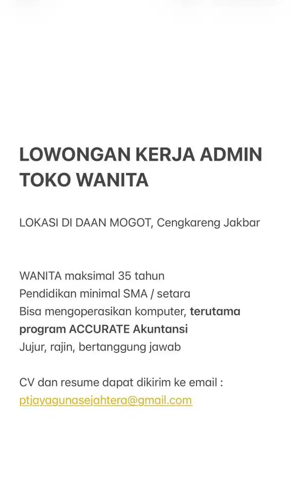 Lowongan Kerja Admin Toko Wanita