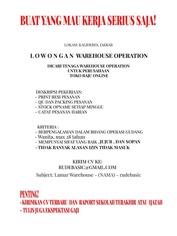 LOWONGAN KERJA WAREHOUSE OPERATION (ADMIN)