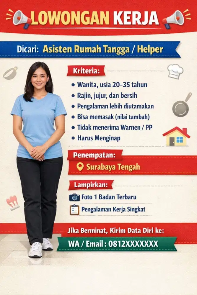 Di butuhkan Pembantu Rumah Tangga / ART untuk Area Surabaya