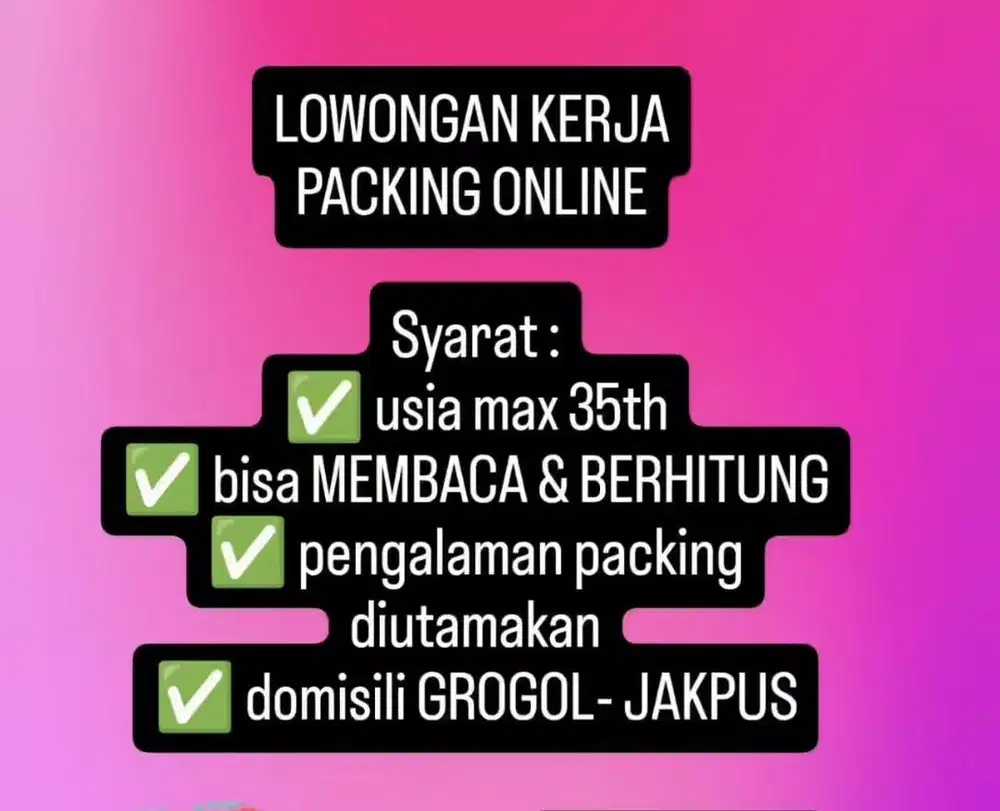 Lowongan kerja Cowok bagian packing online daerah grogol