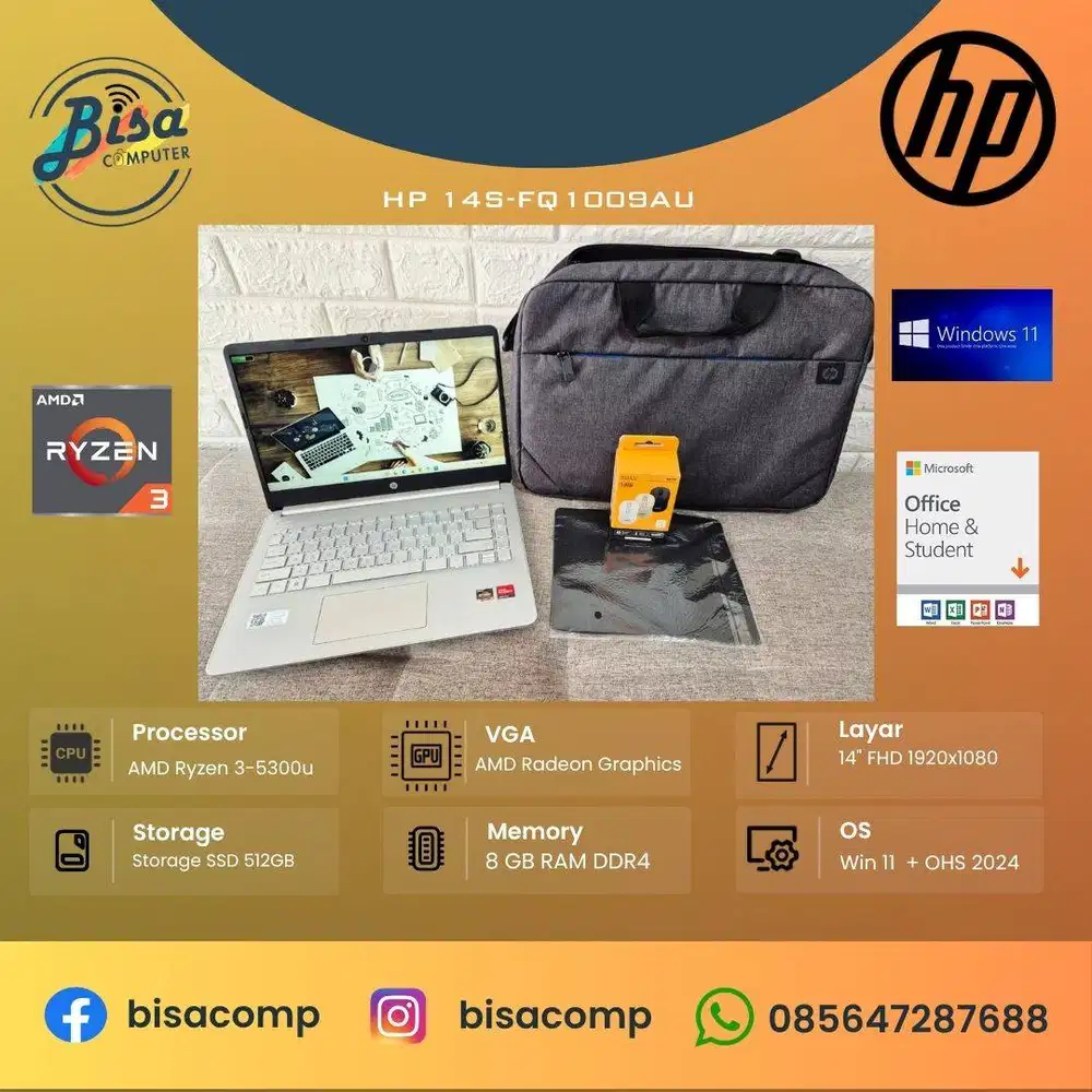 HP 14s-fq1009AU AMD Ryzen 3-5300u SSD 512GB Ram 8gb 14inchFHD Backlit