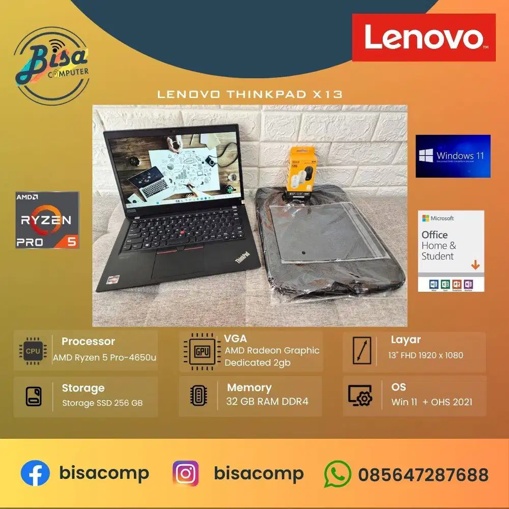 Lenovo Thinkpad X13 AMD Ryzen 5 Pro-4650u SSD 256gb Ram 32gb 13inchFHD