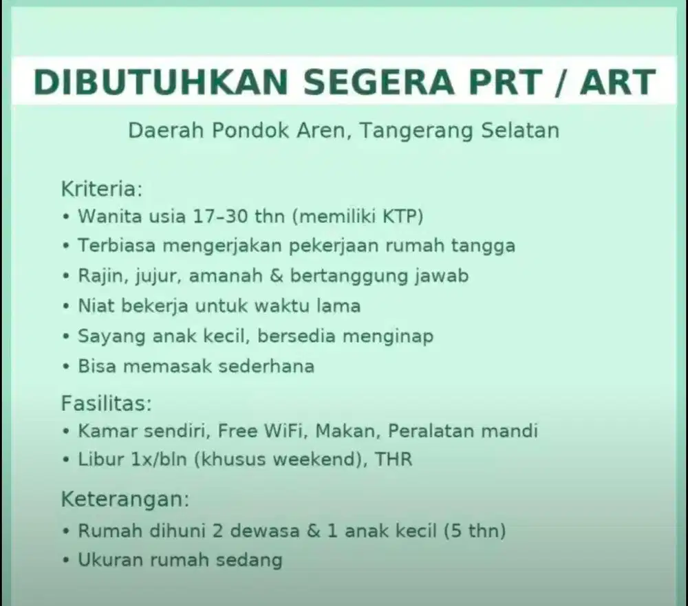 Dibutuhkan segera PRT / ART untuk daerah Pondok Aren Tangsel