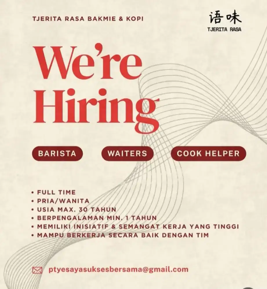 Dibutuhkan staff barista, waiters dan helper unfuk cafe resto