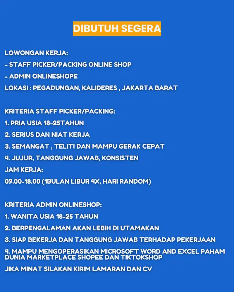 Lowongan kerja Packing Picker dan Admin Onlineshop