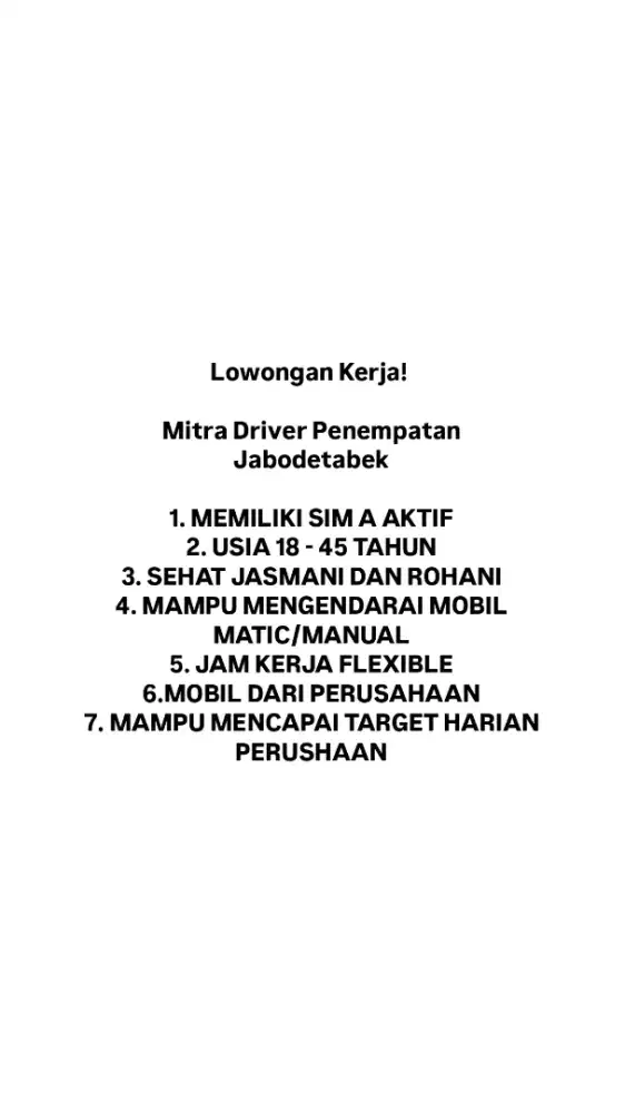 LOWONGAN DRIVER MITRA JABODETABEK