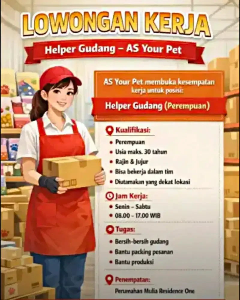 HELPER GUDANG DISEDIAKAN MESS JIKA INGIN MENGINAP