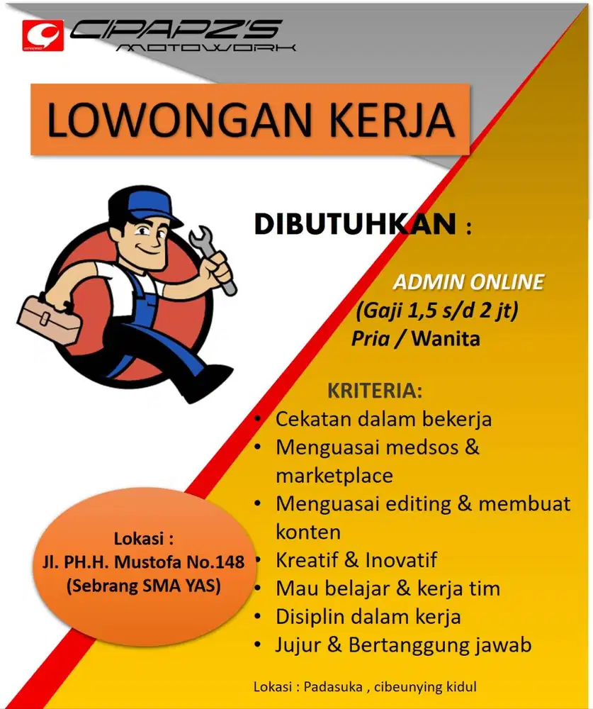 LOKER  ADMIN ONLINE . MEKANIK, KASIR