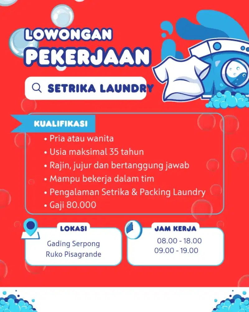 Di cari karyawan Setrika dan packing baju Laundry