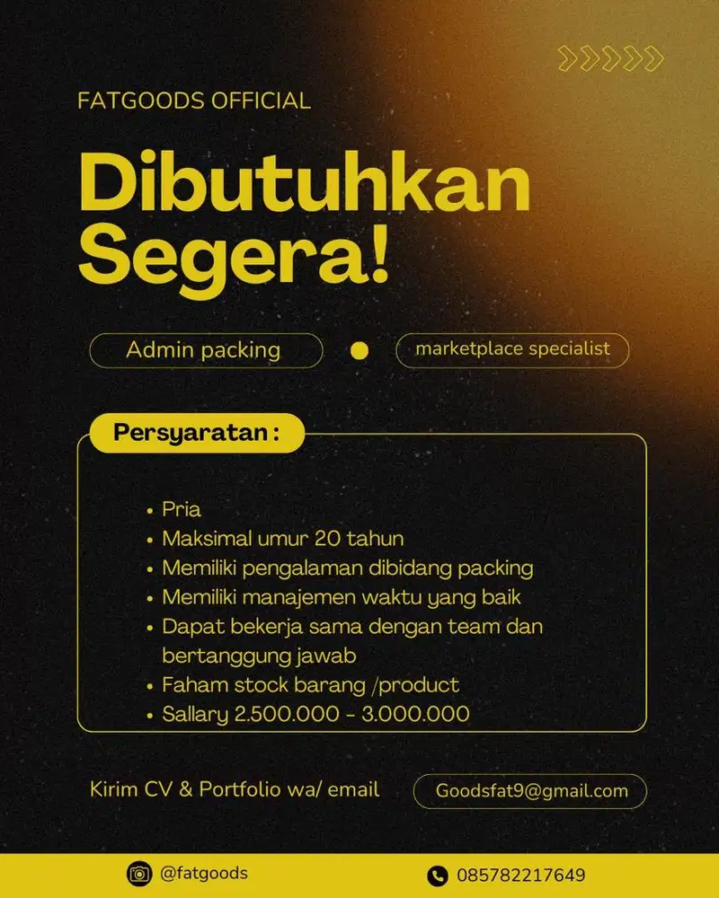 Dibuthkan cepat karyawan pria admin packing