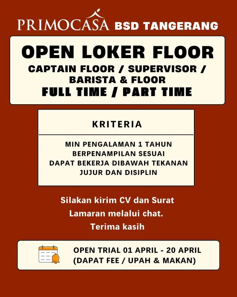LOWONGAN KERJA Manager / Supervisor / Captain Floor