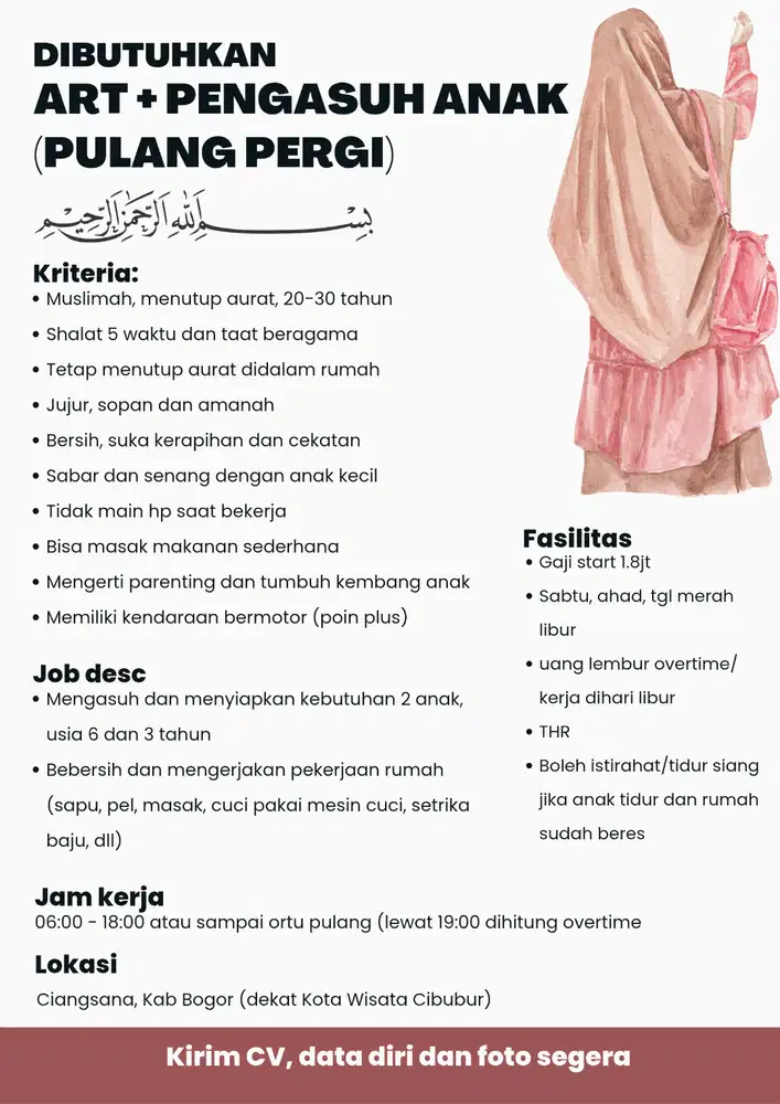Dibutuhkan Segera ART Momong PP Ciangsana Kota Wisata