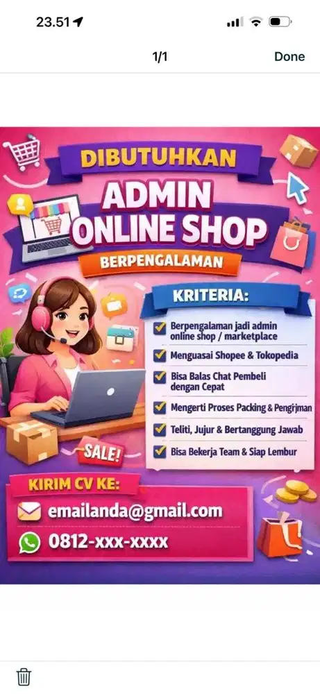 Di Butuhkan Admin Online Shop Marketplace Berpengalaman