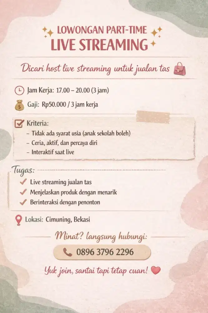 Part Time Host Live Streaming Jualan Tas