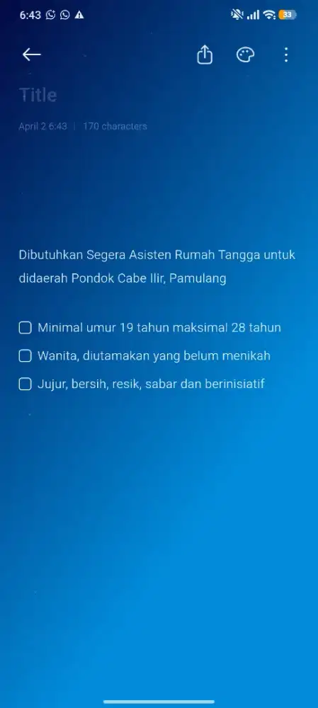 Dibutuhkan segera Asisten Rumah Tangga