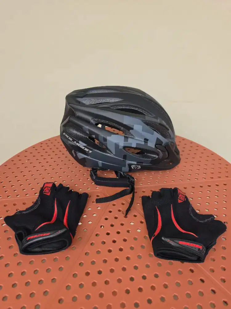 Dijual Murah 1 Set Helm Polygon size 58-62cm & Sarung Tangan Polygon M