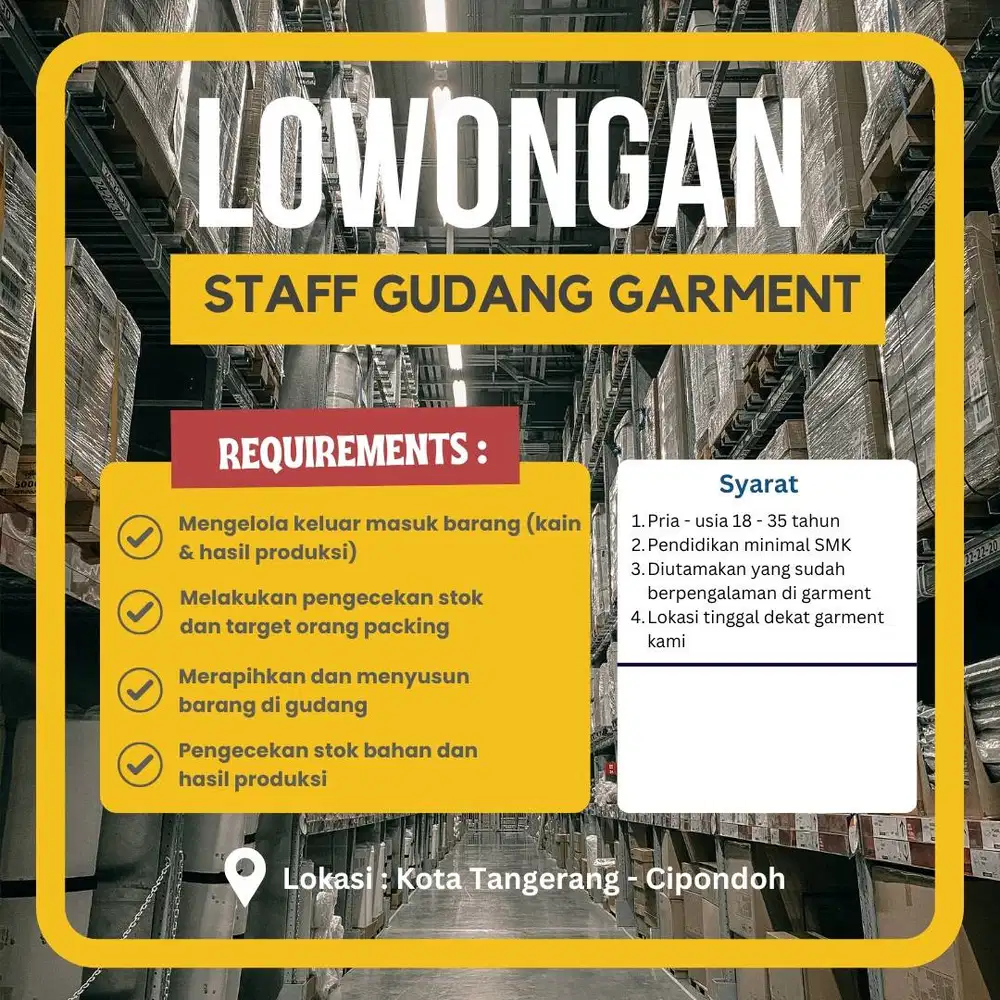 Lowongan kerja staff Gudang di Garment - Cipondoh Tangerang