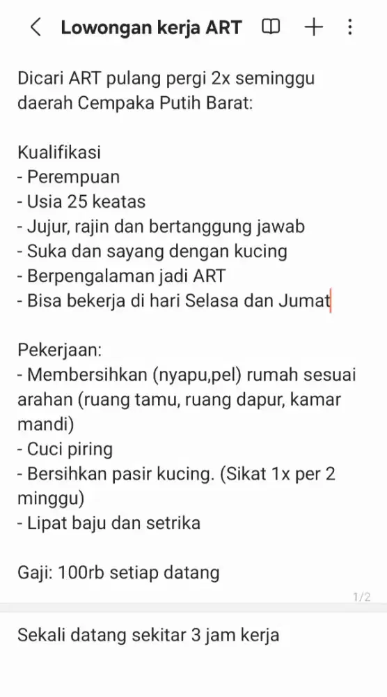 Lowongan ART pulang pergi 2x seminggu sajq