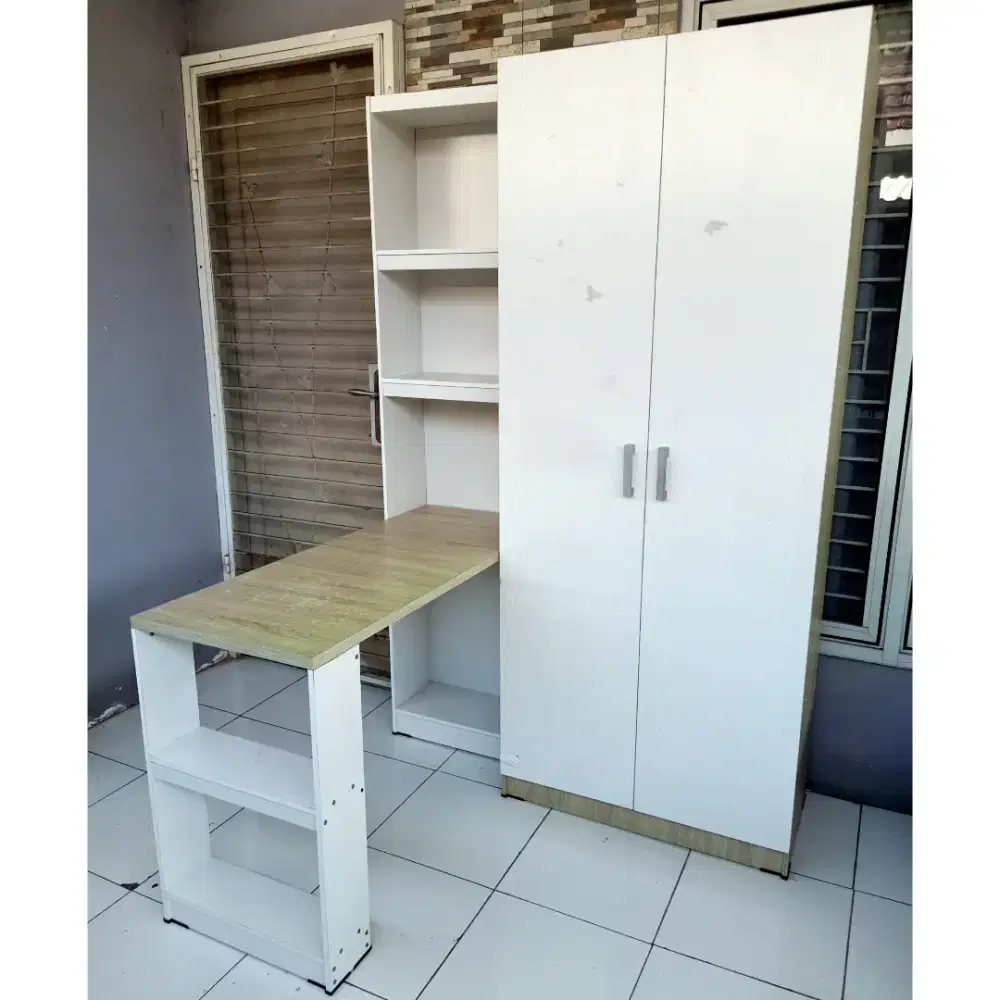 LEMARI BAJU 2 PINTU DENGAN MEJA BELAJAR DAN RAK BUKU