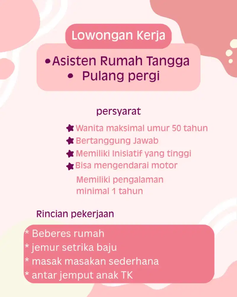 Dibutuhkan Asisten Rumah Tangga Pulang pergi