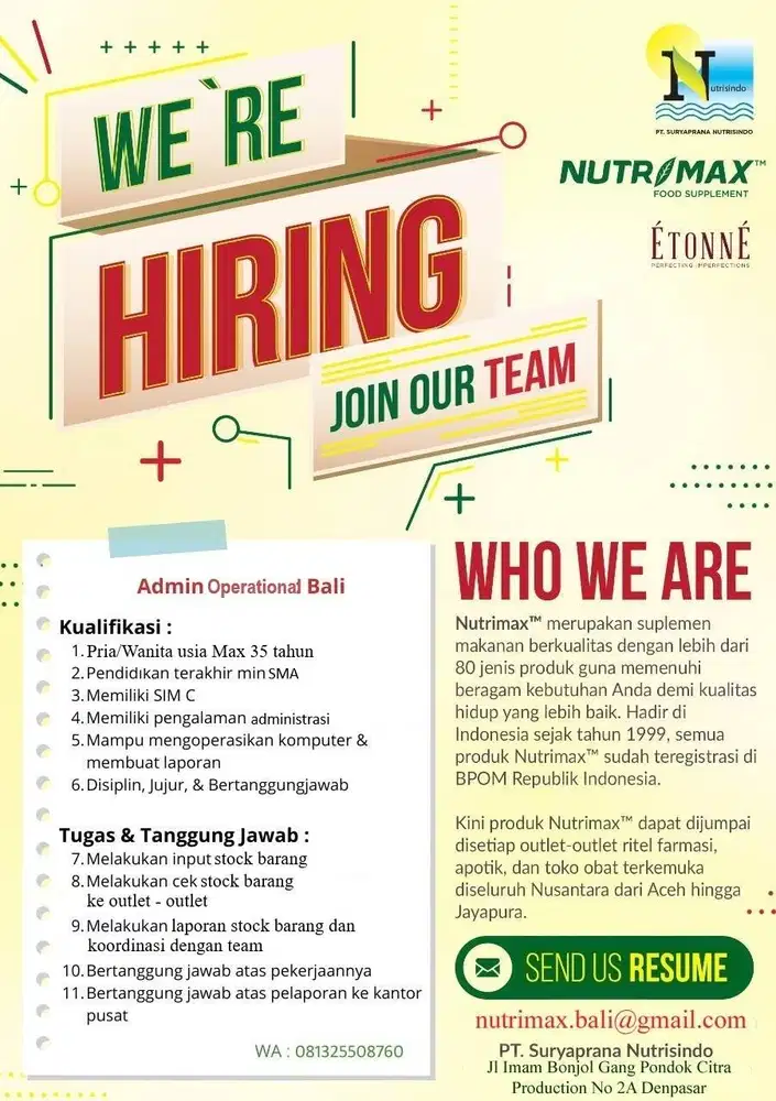 DIBUTUHKAN SEGERA ADMIN FINANCE & OPERATIONAL