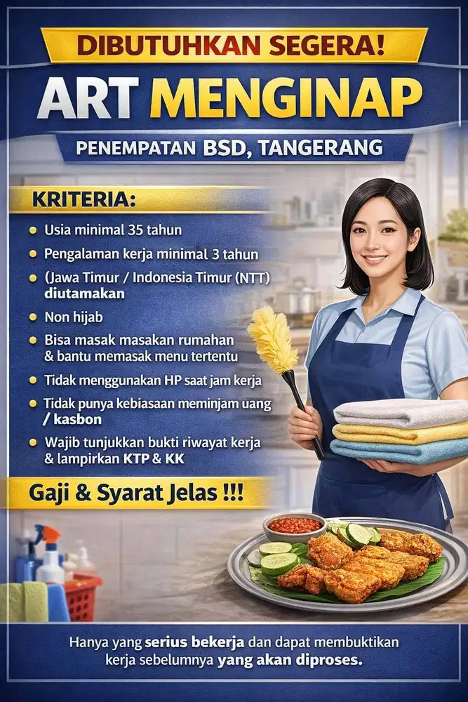 Dibutuhkan ART MENGINAP BERPENGALAMAN & SIAP ATURAN (BSD TANGERANG)