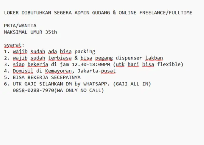 LOKER DIBUTUHKAN SEGERA ADMIN GUDANG & ONLINE FREELANCE/FULLTIME