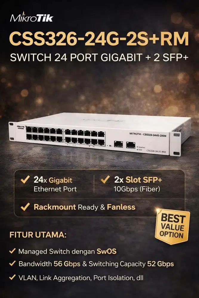 MikroTik CSS326-24G-2S+RM – High Speed 56Gbps, Siap Pakai!