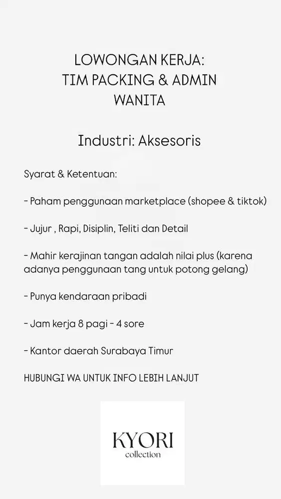 LOWONGAN KERJA WANITA: TIM PACKING & ADMIN