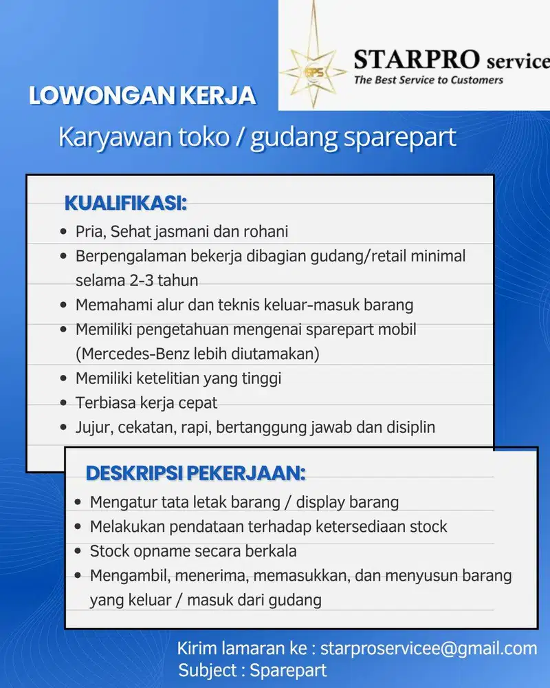 Dbutuhkan Karyawan Toko / Gudang Sparepart