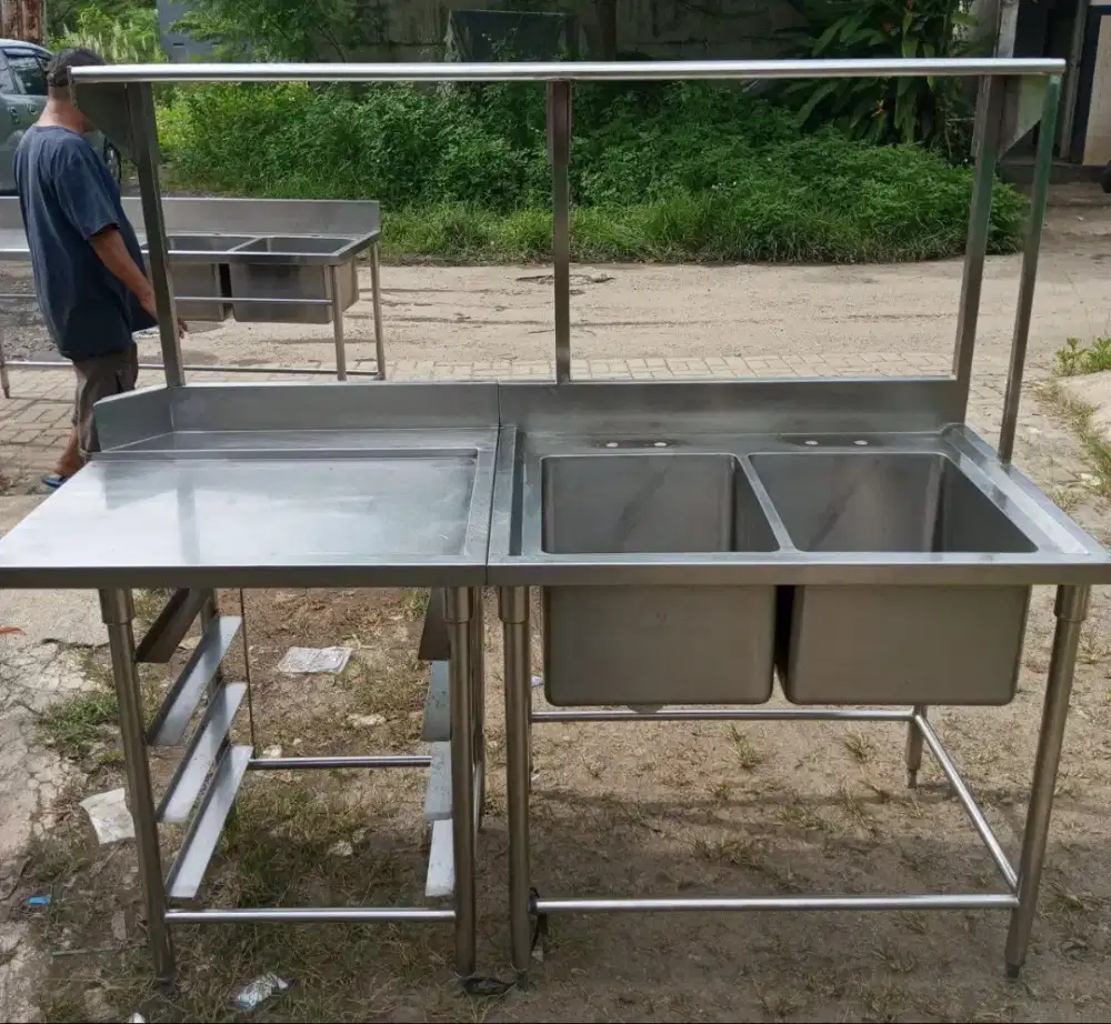 Double Sink Sayap Kiri + Rak Tirisan + Tray – Lengkap dan Multifungsi