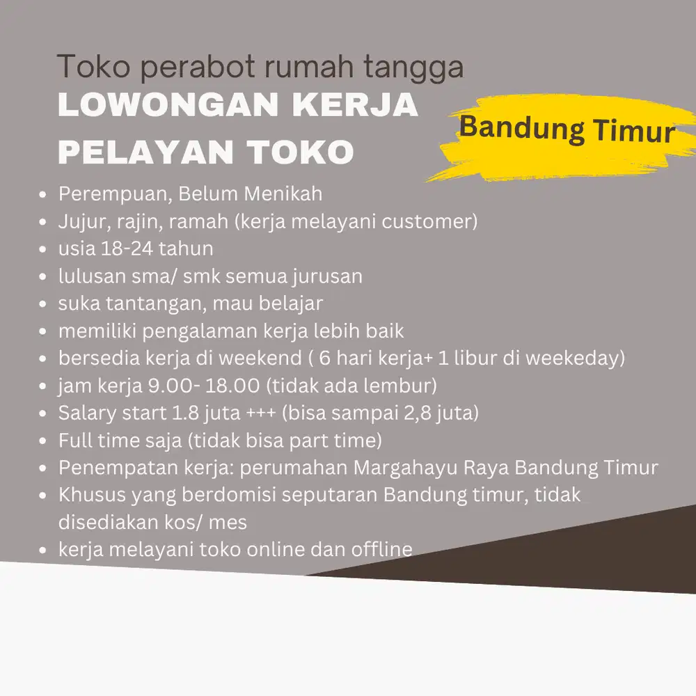 Lowongan kerja Wanita untuk pelayan toko perabotan BANDUNG TIMUR