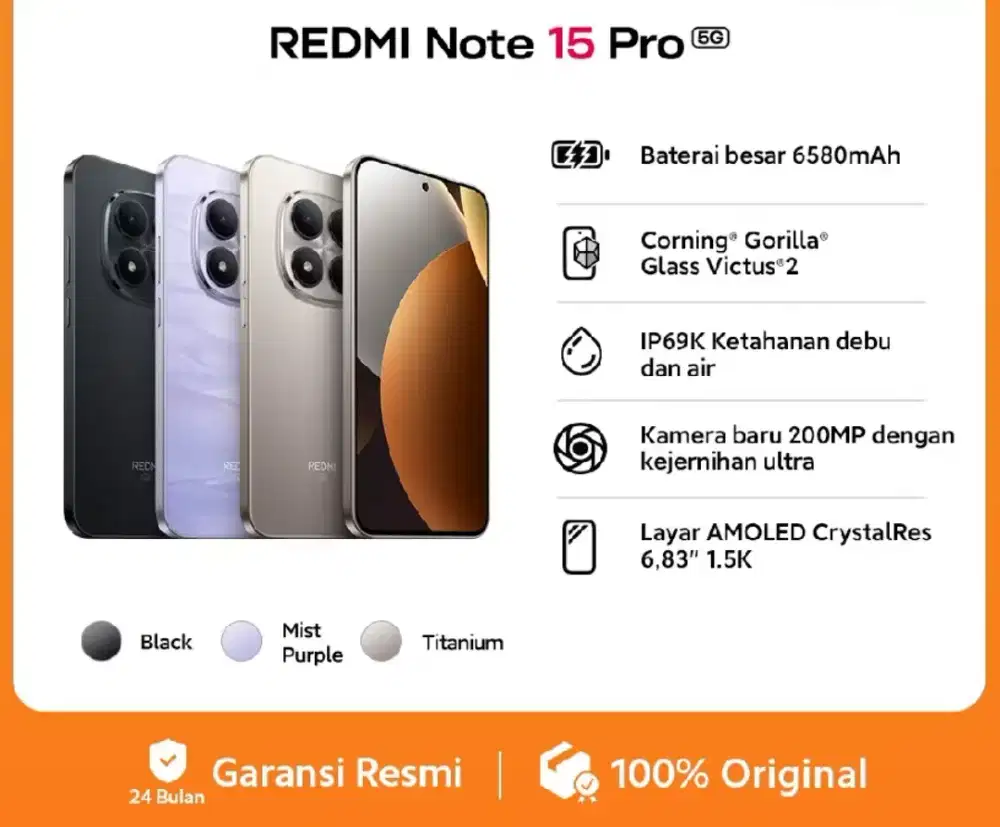 Baru Handphone HP Xiaomi Redmi Note 15 Pro 5G Segel Ori Titanium 8/256