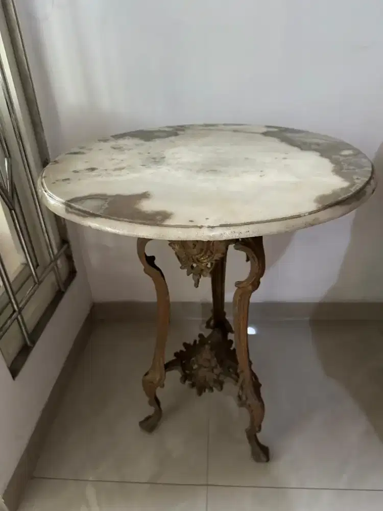 Meja Marmer Antik Klasik Eropa - Kaki Kuningan Ukir Mewah