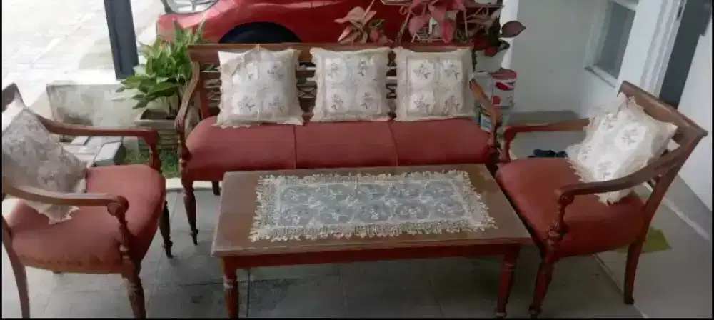 Jual murah kursi meja jati 1 set+bantal kursi&taplak meja,2,1jt nego