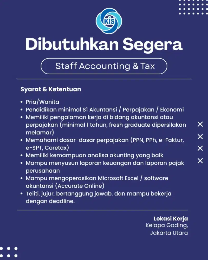 LOWONGAN PEKERJAAN DIBUTUHKAN SEGERA PENEMPATAN KELAPA GADING JAKUT