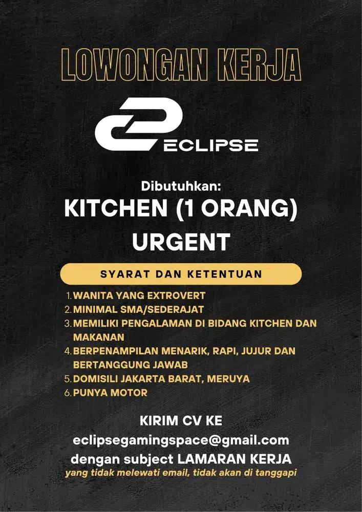 DIBUTUHKAN PEGAWAI KITCHEN WARNET