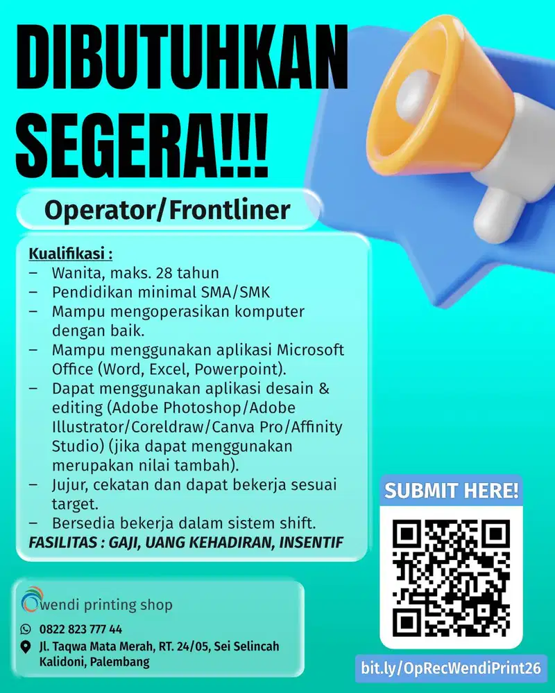 Dibutuhkan segera karyawan untuk bekerja di percetakan & fotocopy