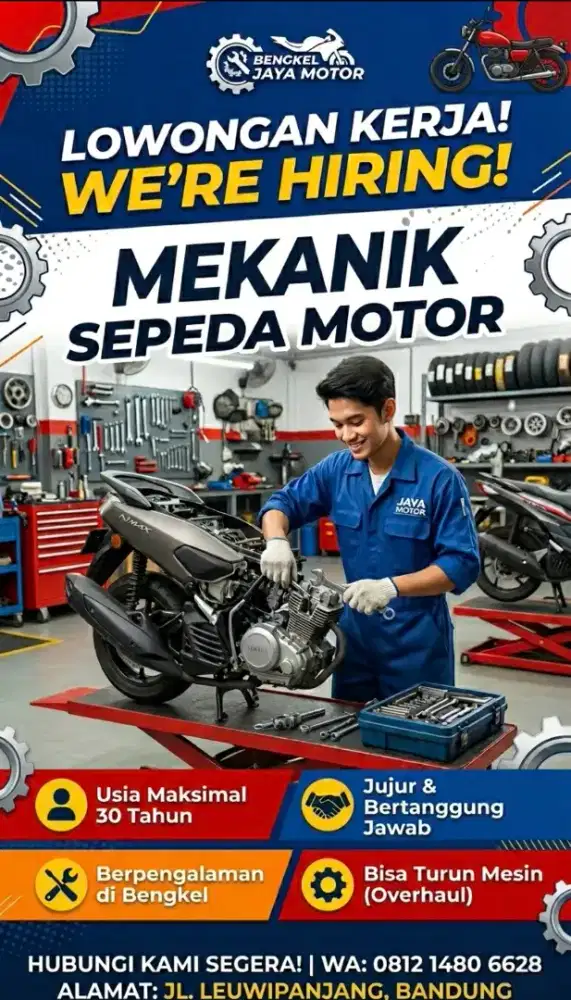 Montir sepeda motor, pengalaman, usia dibawah 30 thn