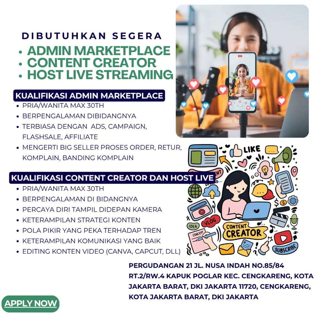 DIBUTUHKAN SEGERA ADMIN MARKETPLACE, HOST LIVE DAN KONTEN KREATOR