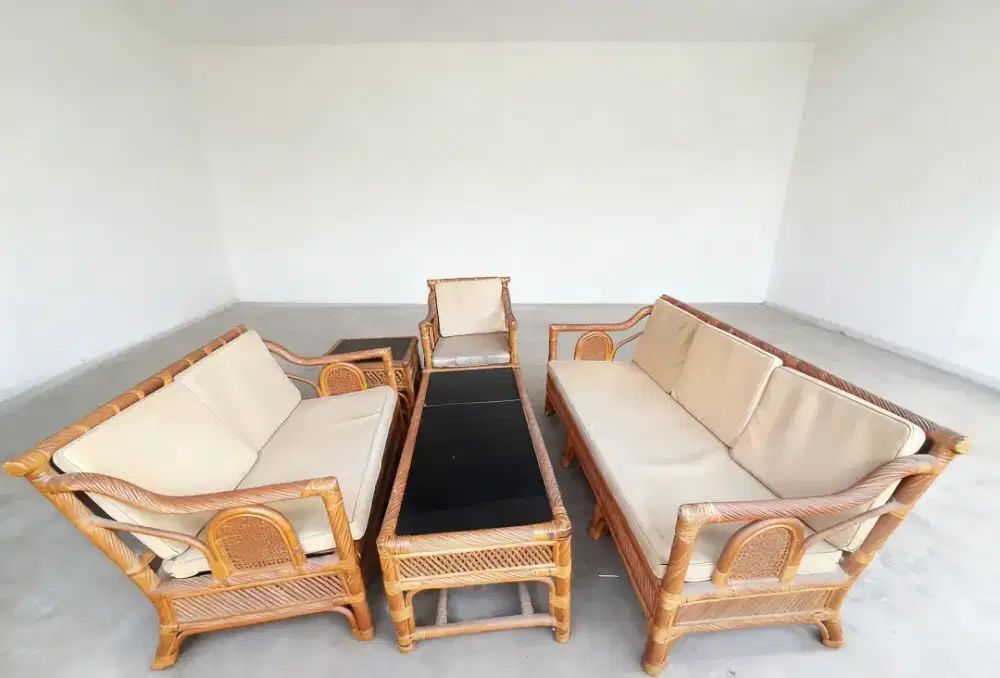 Kursi tamu rotan jok oscar + meja + meja extra