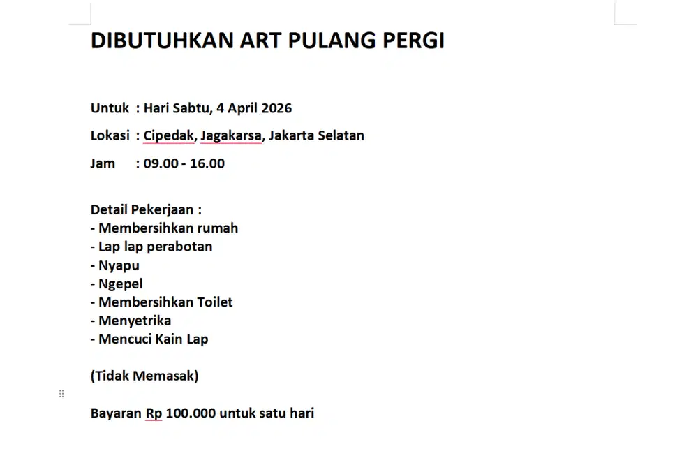 Dibutuhkan ART Pulang Pergi untuk Daerah Cipedak, Jagakarsa